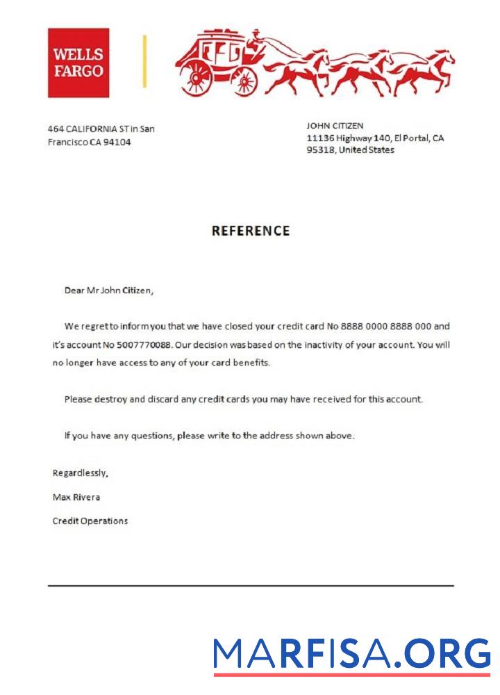 Blank USA Wells Fargo Bank closure reference template